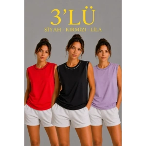 3’lü Kolsuz Sporcu Atlet Seti Yazlık Bisiklet Yaka - Siyah, Kırmızı, Lila