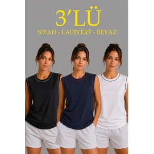 3’lü Kolsuz Sporcu Atlet Seti Yazlık Bisiklet Yaka - Siyah, Lacivert, Beyaz