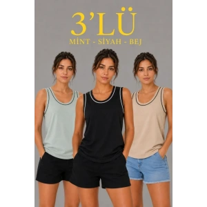 3’lü Kolsuz Sporcu Atlet Seti Yazlık Bisiklet Yakalı - Mint Yeşili, Siyah, Bej