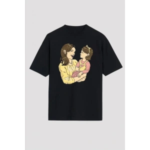 Anneler Günü Hediye Anne Kız Temalı Baskılı Oversize Bisiklet Yaka T-shirt - Siyah