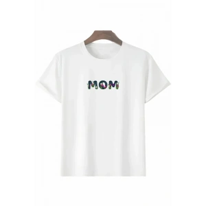 Anneler Günü Hediye Mom Çiçek Baskılı Oversize Bisiklet Yaka T-shirt - Beyaz