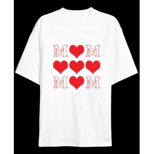 Anneler Günü Hediye MOM Kalp Baskılı Oversize Bisiklet Yaka T-shirt - Beyaz