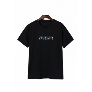 Anneler Günü Mom Çiçek Temalı Baskılı Oversize Bisiklet Yaka T-shirt - Siyah