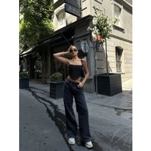 Arkadan Yırtmaçlı Jeans Kot Palazzo Pantolon - Siyah