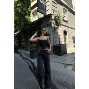 Arkadan Yırtmaçlı Jeans Kot Palazzo Pantolon - Siyah