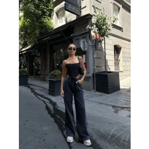 Arkadan Yırtmaçlı Jeans Kot Palazzo Pantolon - Siyah