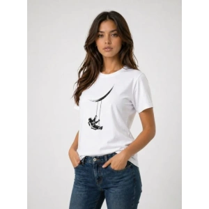 Astronot Ay Temalı Tişört Kısa Kol Yazlık Bisiklet Yaka T-Shirt - Beyaz