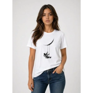 Astronot Ay Temalı Tişört Kısa Kol Yazlık Bisiklet Yaka T-Shirt - Beyaz