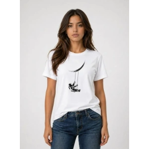 Astronot Ay Temalı Tişört Kısa Kol Yazlık Bisiklet Yaka T-Shirt - Beyaz