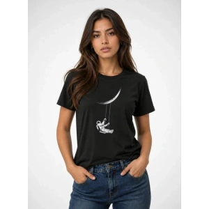 Astronot Ay Temalı Tişört Kısa Kol Yazlık Bisiklet Yaka T-Shirt - Siyah