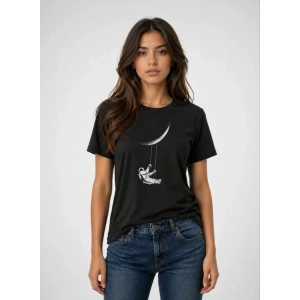 Astronot Ay Temalı Tişört Kısa Kol Yazlık Bisiklet Yaka T-Shirt - Siyah