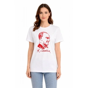 Atatürk Baskılı Tişört Kısa Kollu Bisiklet Yaka T-Shirt - Beyaz