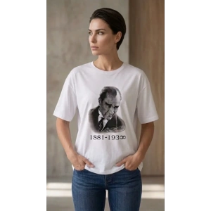 Atatürk Baskılı Tişört Kısa Kollu Bisiklet Yaka T-Shirt - Beyaz