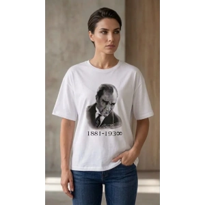 Atatürk Baskılı Tişört Kısa Kollu Bisiklet Yaka T-Shirt - Beyaz