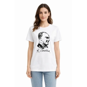 Atatürk Baskılı Tişört Kısa Kollu Bisiklet Yaka T-Shirt - Beyaz
