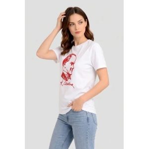 Atatürk Baskılı Tişört Kısa Kollu Bisiklet Yaka T-Shirt - Beyaz