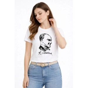 Atatürk Baskılı Tişört Kısa Kollu Bisiklet Yaka T-Shirt - Beyaz