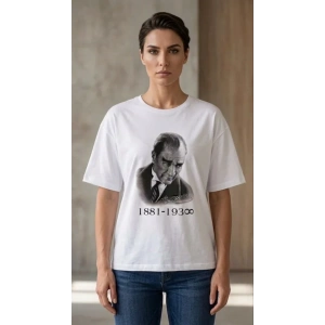Atatürk Baskılı Tişört Kısa Kollu Bisiklet Yaka T-Shirt - Beyaz