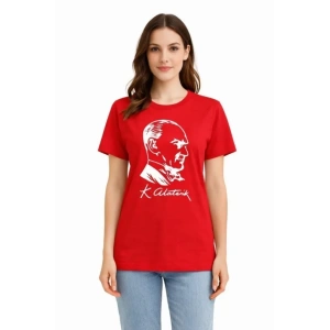 Atatürk Baskılı Tişört Kısa Kollu Bisiklet Yaka  T-Shirt - Kırmızı