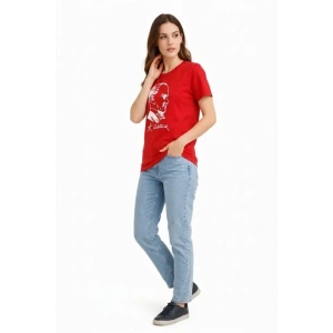Atatürk Baskılı Tişört Kısa Kollu Bisiklet Yaka  T-Shirt - Kırmızı