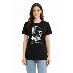 Atatürk Baskılı Tişört Kısa Kollu Bisiklet Yaka T-Shirt - Siyah