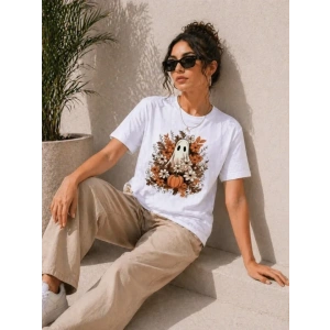 Balkabağı Hayalet Baskılı Tişört Kısa Kol Yazlık T-Shirt - Beyaz