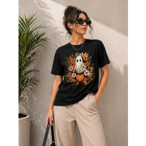 Balkabağı Hayalet Baskılı Tişört Kısa Kol Yazlık T-Shirt - Siyah