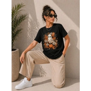 Balkabağı Hayalet Baskılı Tişört Kısa Kol Yazlık T-Shirt - Siyah