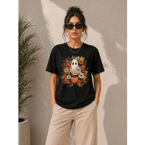 Balkabağı Hayalet Baskılı Tişört Kısa Kol Yazlık T-Shirt - Siyah