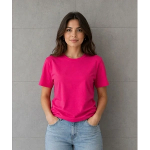 Basic Pamuklu Tişört Bisiklet Yaka Düz Renk Relaxed Fit T-Shirt - Fuşya
