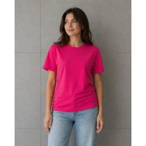 Basic Pamuklu Tişört Bisiklet Yaka Düz Renk Relaxed Fit T-Shirt - Fuşya
