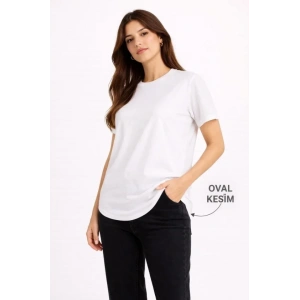 Basic T-Shirt Kısa Kol Bisiklet Yaka Oval Kesim Tişört - Beyaz