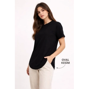 Basic T-Shirt Kısa Kol Bisiklet Yaka Oval Kesim Tişört - Siyah