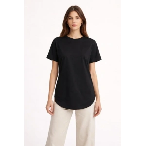 Basic T-Shirt Kısa Kol Bisiklet Yaka Oval Kesim Tişört - Siyah