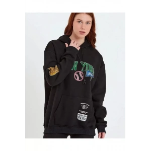 Baskılı Kapüşonlu Sweatshirt - Siyah