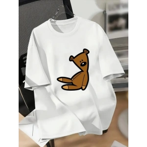 Baskılı Oversize Bisiklet Yaka T-shirt - Beyaz