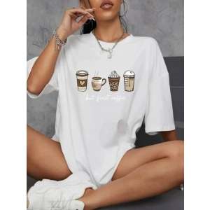 Baskılı Oversize Bisiklet Yaka T-shirt - Beyaz