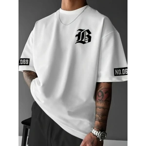 Baskılı Oversize Bisiklet Yaka T-shirt - Beyaz