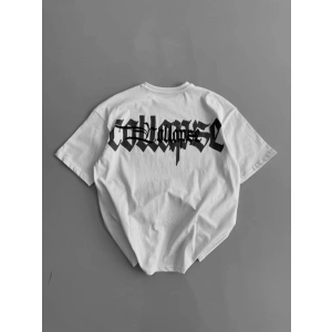 Baskılı Oversize Bisiklet Yaka T-shirt - Beyaz