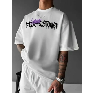 Baskılı Oversize Bisiklet Yaka T-shirt - Beyaz