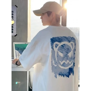Baskılı Oversize Bisiklet Yaka T-shirt - Beyaz