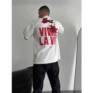 Baskılı Oversize Bisiklet Yaka T-shirt - Beyaz