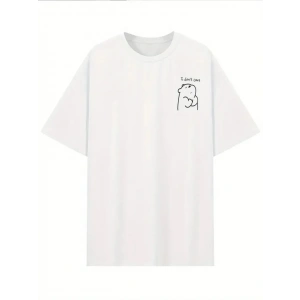 Baskılı Oversize Bisiklet Yaka T-shirt - Beyaz