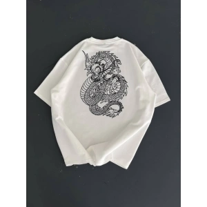 Baskılı Oversize Bisiklet Yaka T-shirt - Beyaz