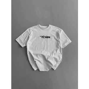 Baskılı Oversize Bisiklet Yaka T-shirt - Beyaz