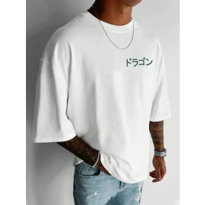 Baskılı Oversize Bisiklet Yaka T-shirt - Beyaz