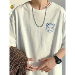 Baskılı Oversize Bisiklet Yaka T-shirt - Beyaz