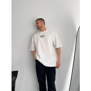Baskılı Oversize Bisiklet Yaka T-shirt - Beyaz