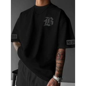 Baskılı Oversize Bisiklet Yaka T-shirt - Siyah