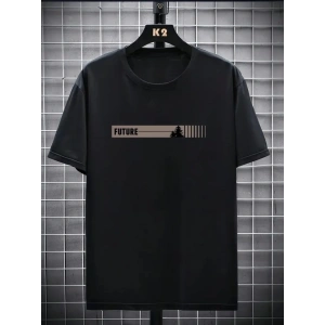 Baskılı Oversize Bisiklet Yaka T-shirt - Siyah